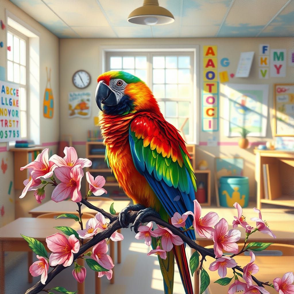 Vibrant Parrot Perched on Blooming Branch in Whimsical Class...