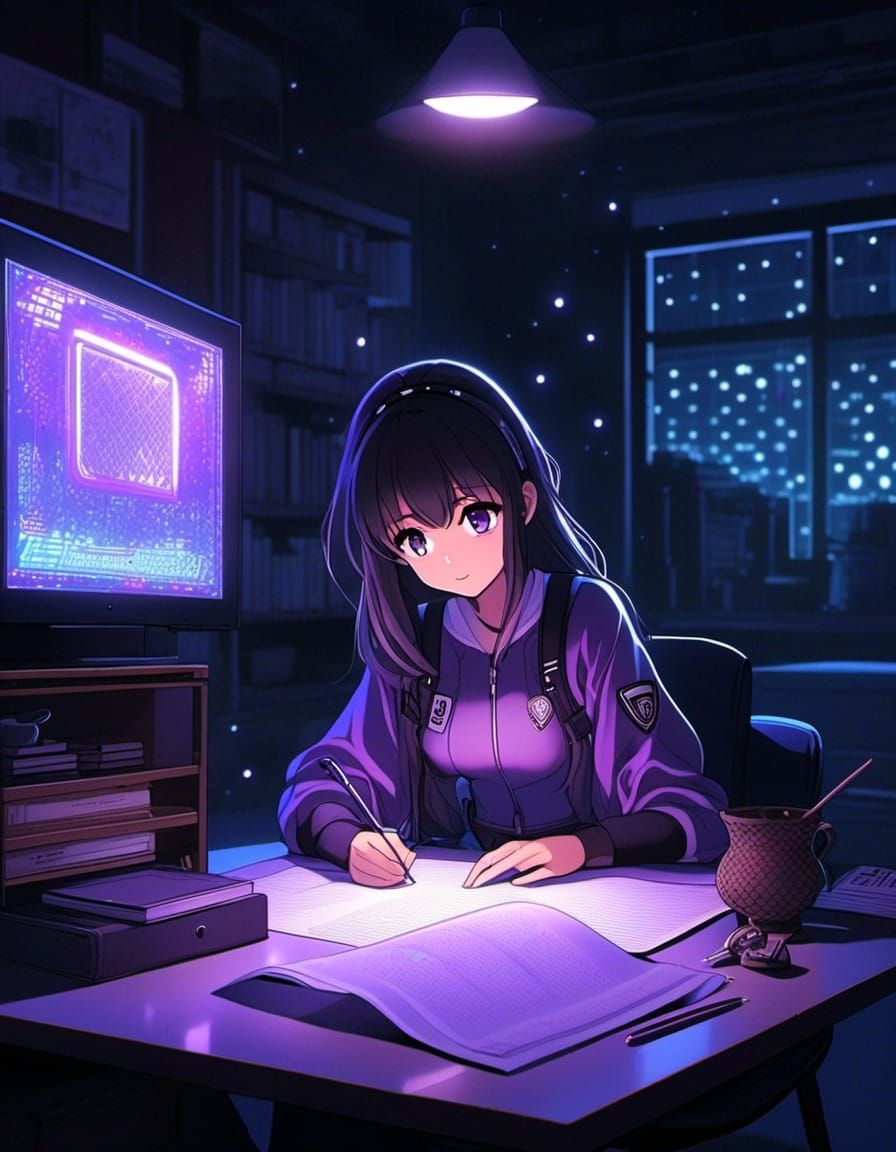 girl drawing on a peice of paper in a dark room with LED purple lights and a lamp with the TV on by artist "anime", Anim...