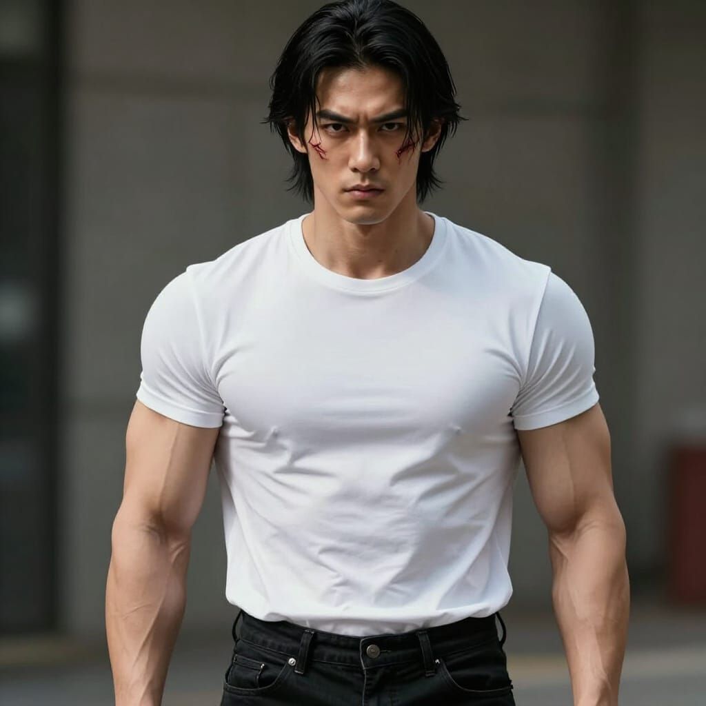 Menacing Muscular Man with Scar, Photorealistic Portrait