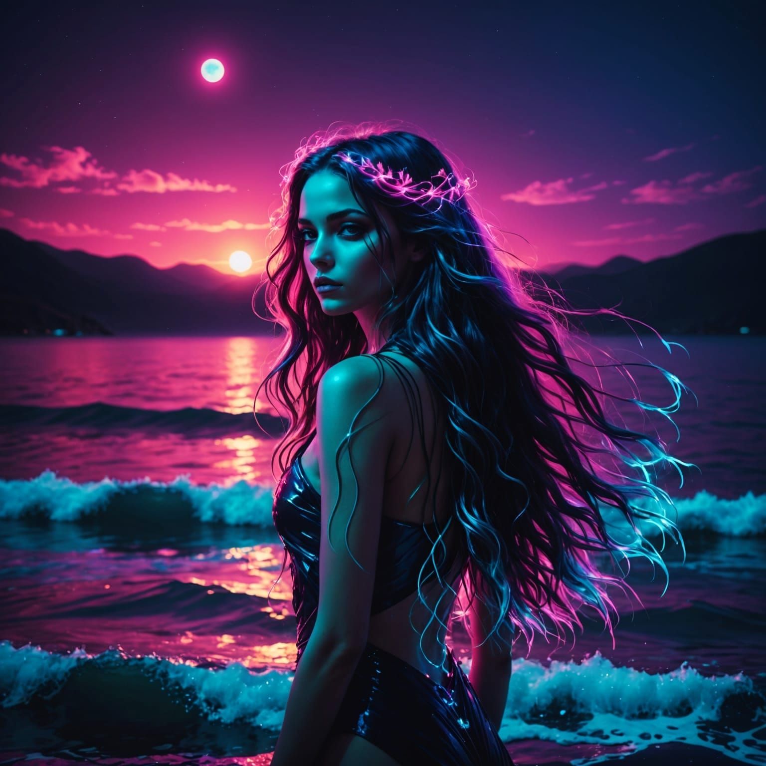 Neon Fairy Goddess in Oceanic Dreamscape