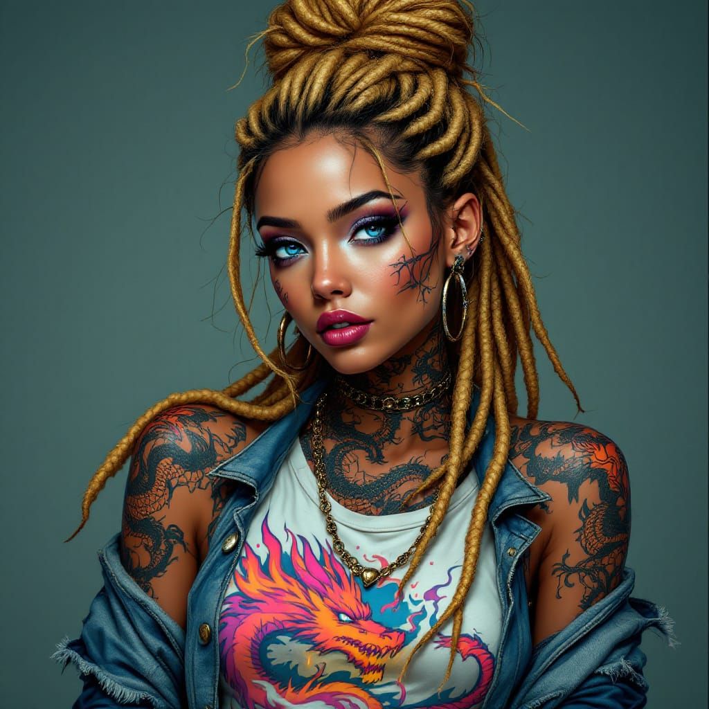 Bronze Beauty with Dragon Tattoo in Digital Art