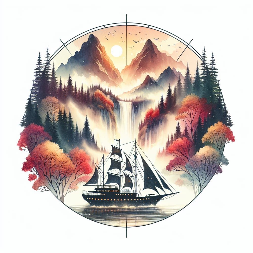 Enchanted Yacht Silhouette with Autumn Landscape