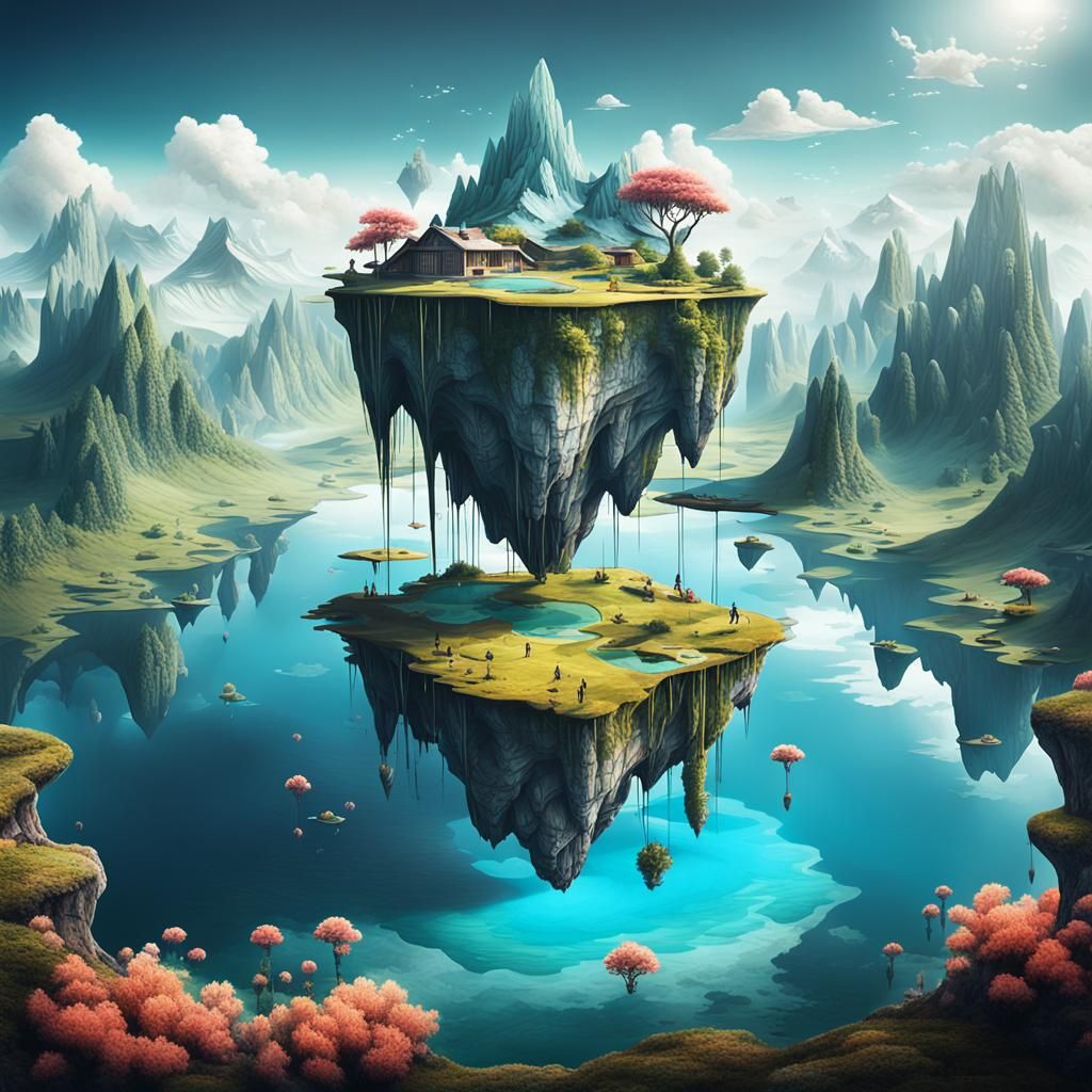 Surreal Landscape with Floating Islands and Mountains