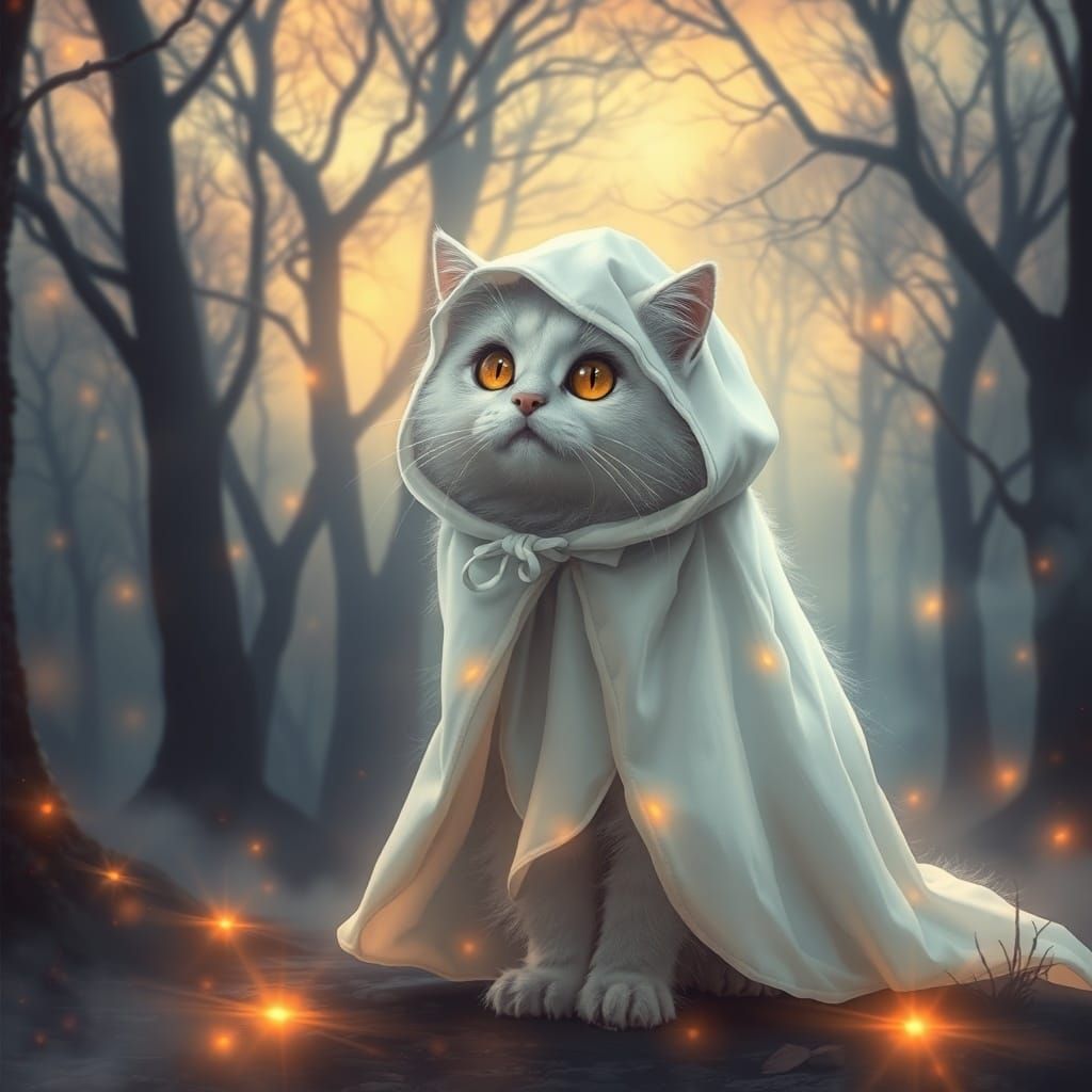 Ghost Cat in Misty Forest: Ethereal Fantasy Art