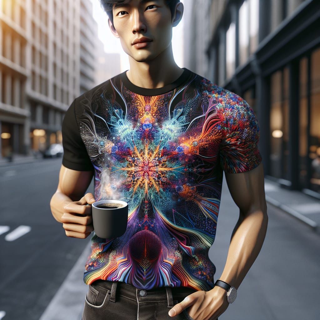 Hyper-Realistic Man with Coffee in Urban Setting