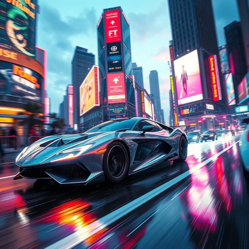 Futuristic Car Speeding Through Neon Cityscape