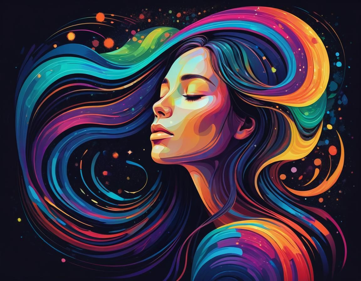 Contemplative Woman Surrounded by Abstract Swirling Lines