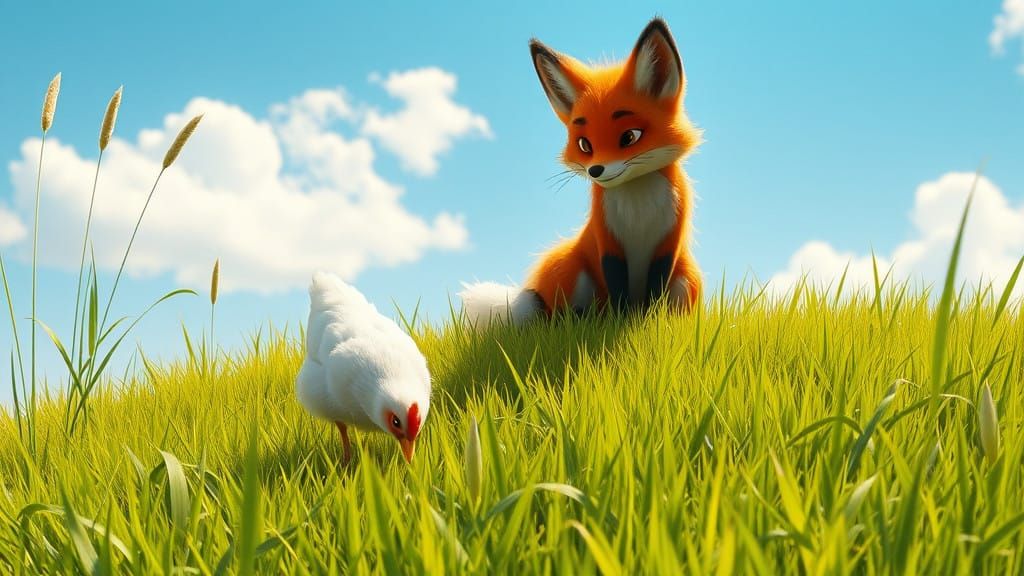 Whimsical Fox Watches Chickens in Emerald Meadow