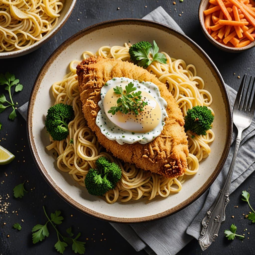 Golden Chicken Kiev Served Over Savory Noodles