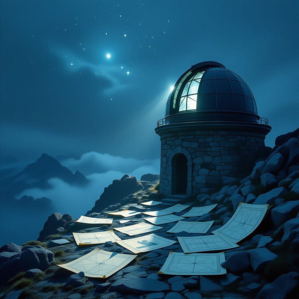 Ancient Observatory on Mountain Peak in Painterly Style