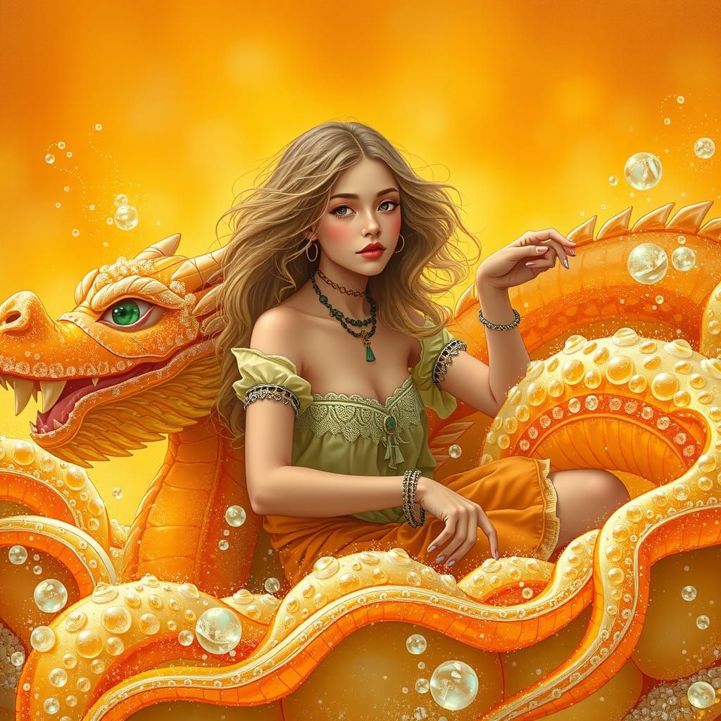 Woman on Gummy Dragon in Dreamlike Soda Sea
