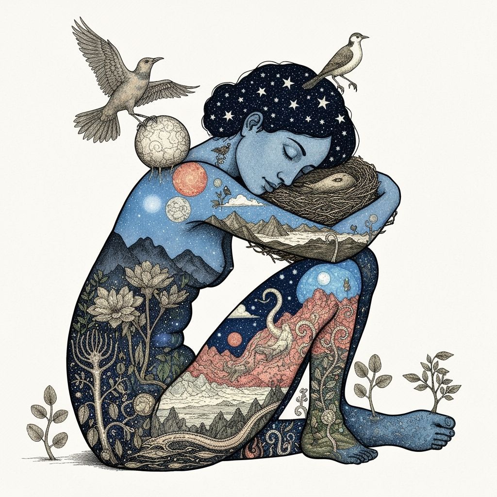 Woman Carrying Star Nest: Dreamlike Concept Art