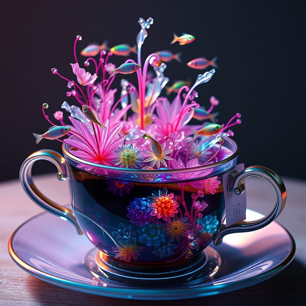 Teacup Ecosystem with Transparent Neon Flora and Fauna