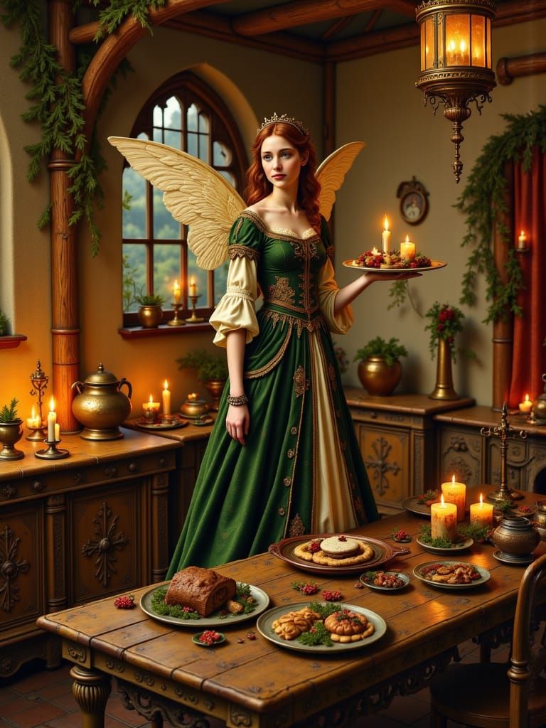 Fairy Presents Yule Log in Medieval Kitchen