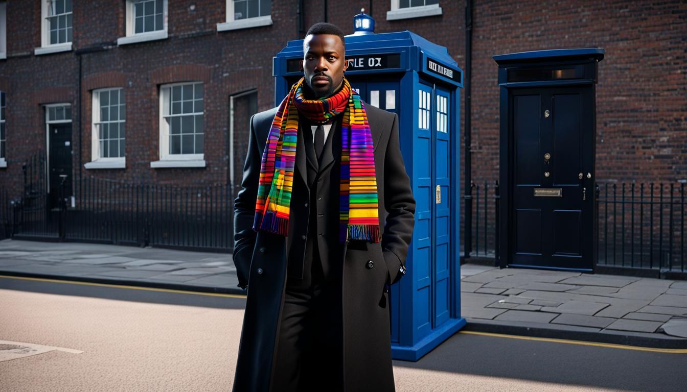 Punk Rock Man Near English Police Box in Hyperrealism