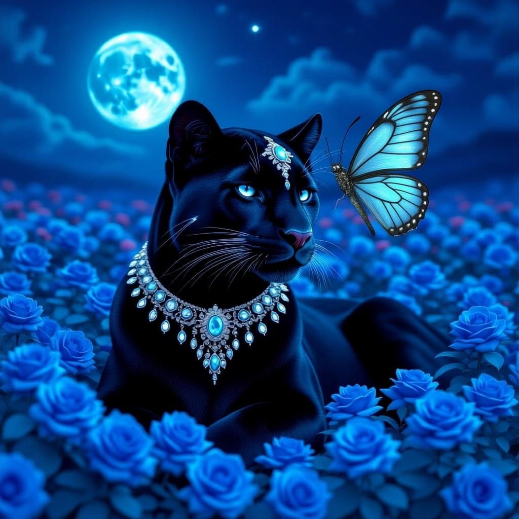 Black Puma in Blue Rose Field with Turquoise Moon