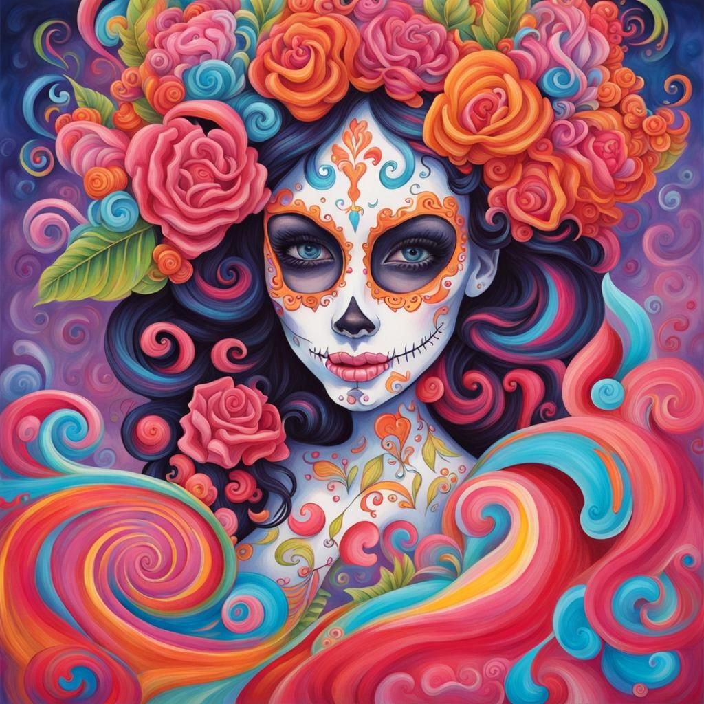 Vibrant Candyland Catrina in Gouache Style