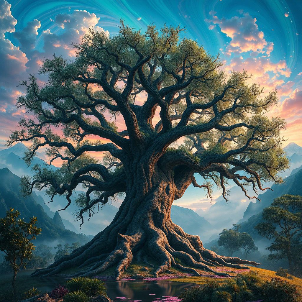 Majestic Tree in Fantasy Landscape, Digital Art
