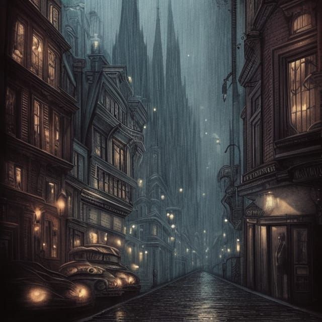 Moody Film Noir Cityscape with Luminous Sparkles