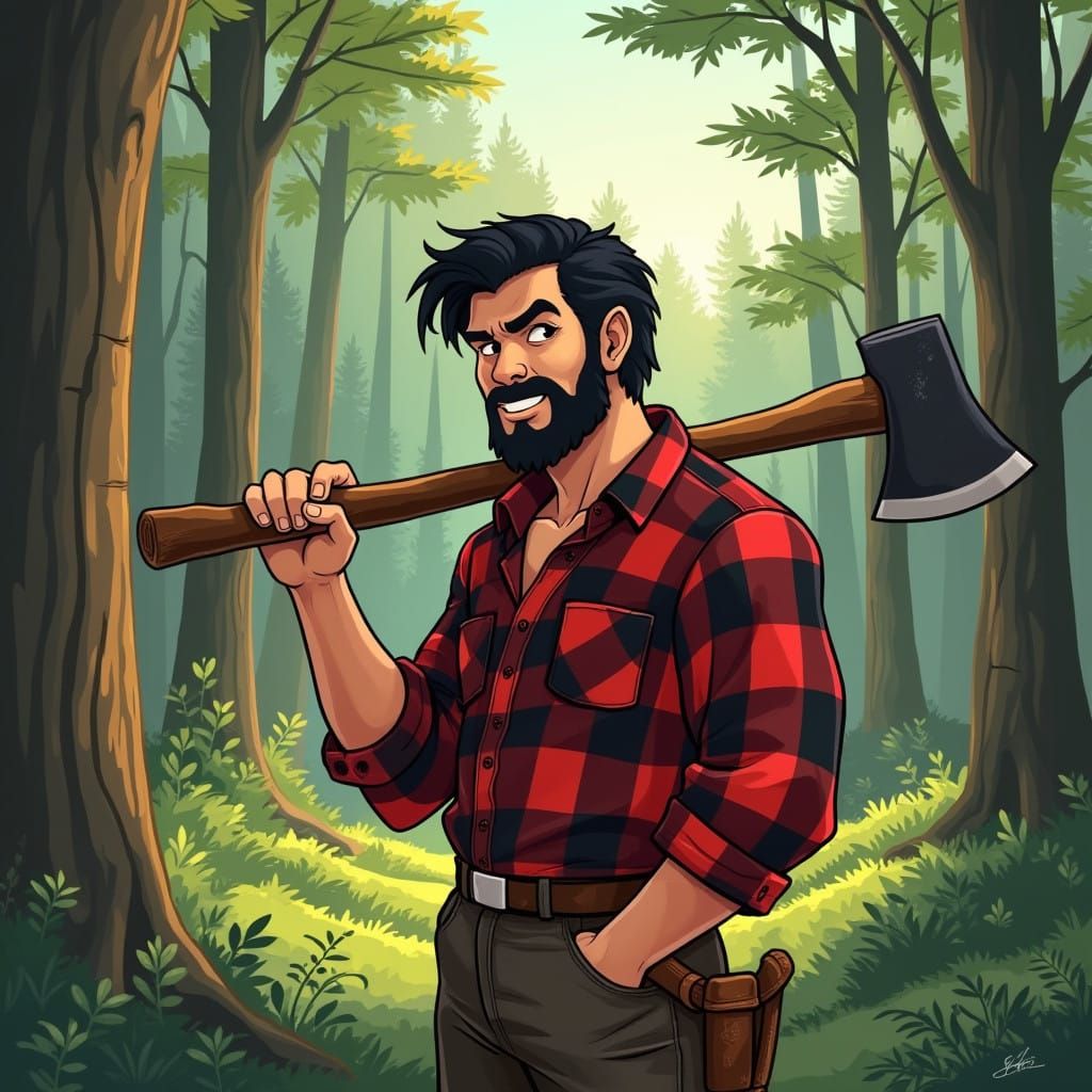 Whimsical Lumberjack in a Vibrant Forest Wonderland
