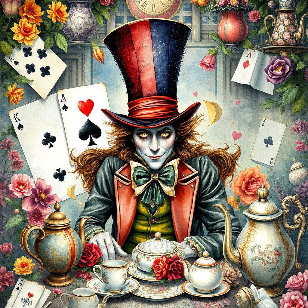Mad Hatter's Whimsical Tea Party in Gothic Fantasy Style