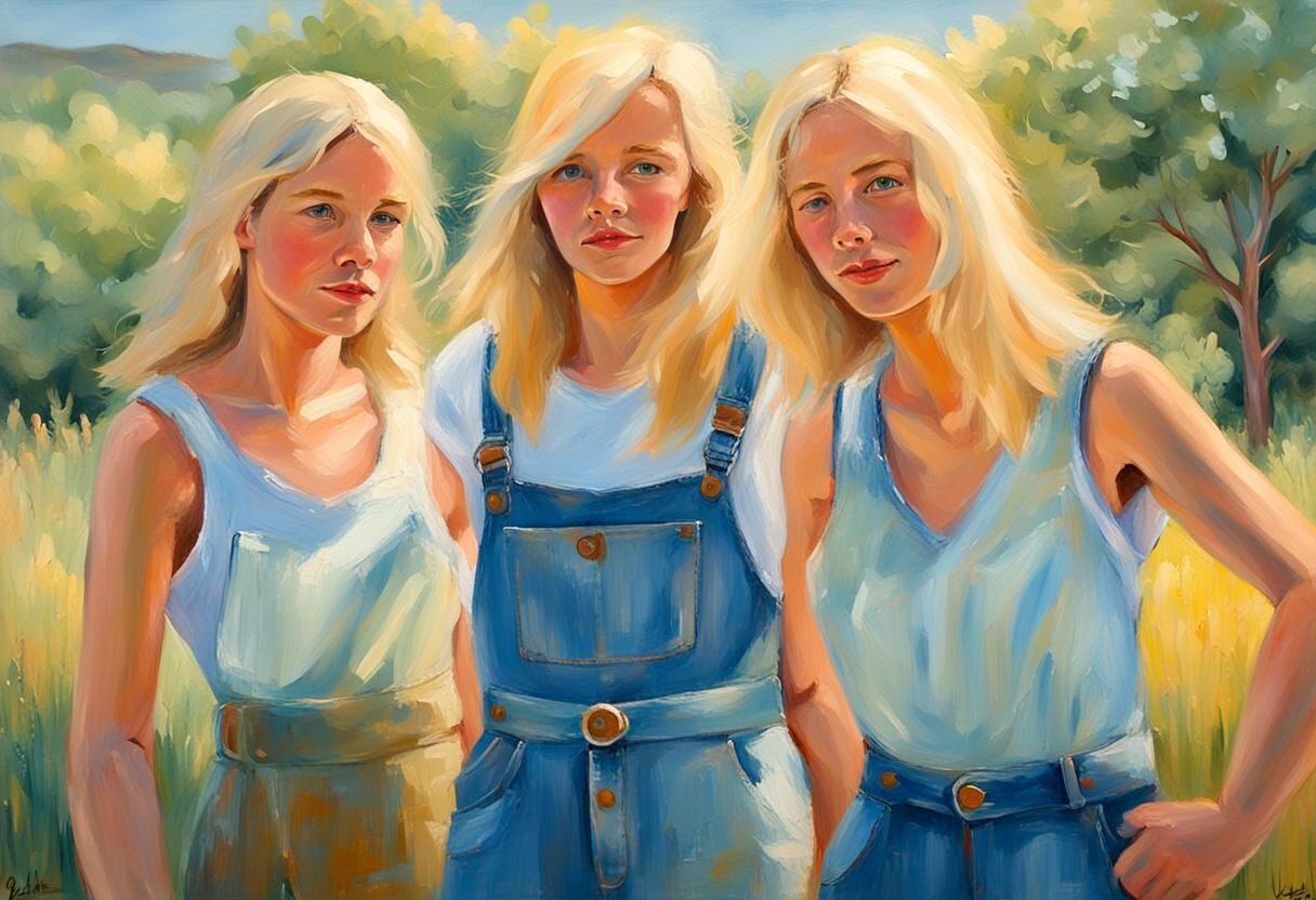 Women in Overalls: Impressionist Oil Painting