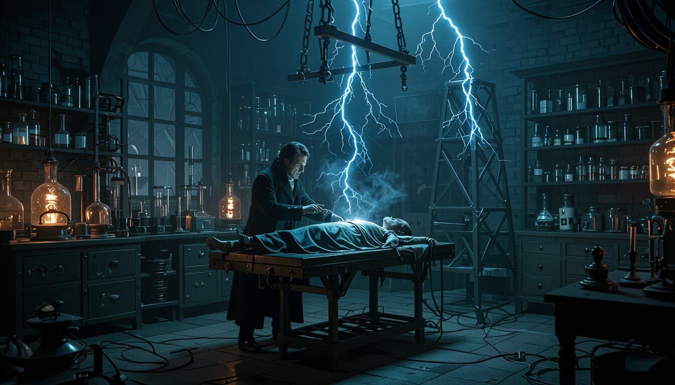 Victor Frankenstein's Gothic Laboratory Creation Scene