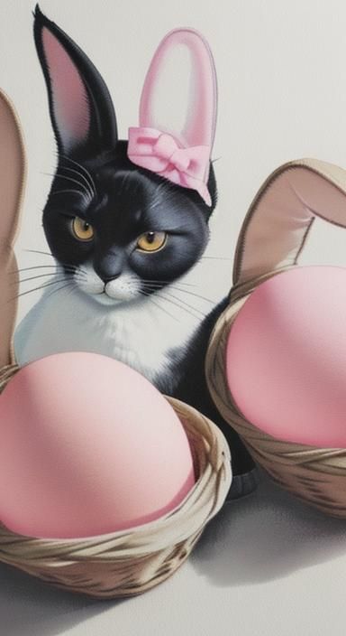 Cat in Rabbit Ears with Easter Eggs, Ink Painting