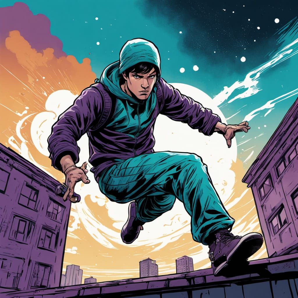 DC Dreamer Parkour Under Haley's Comet in Comic Style