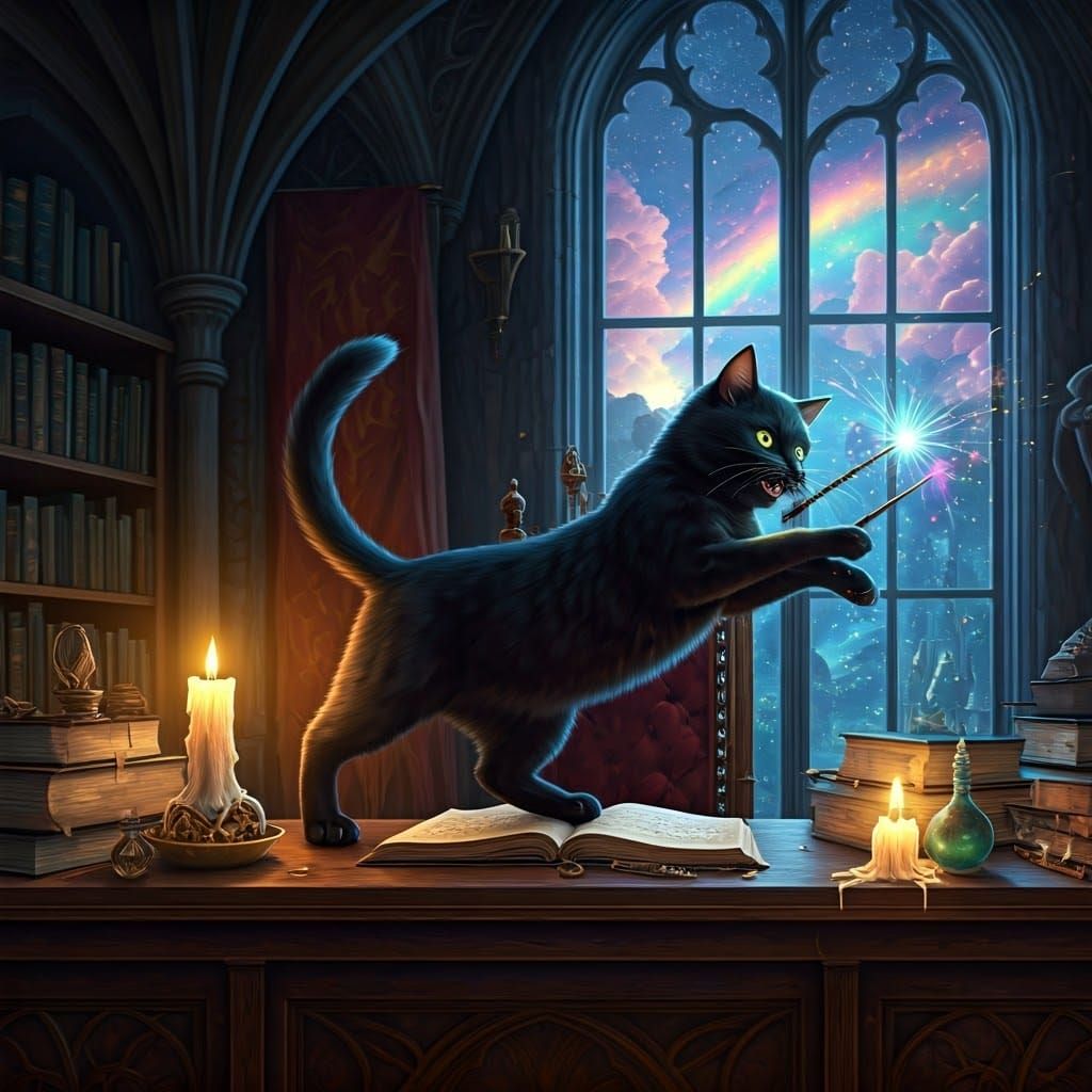 Mischievous Black Cat Steals Wizard's Wand