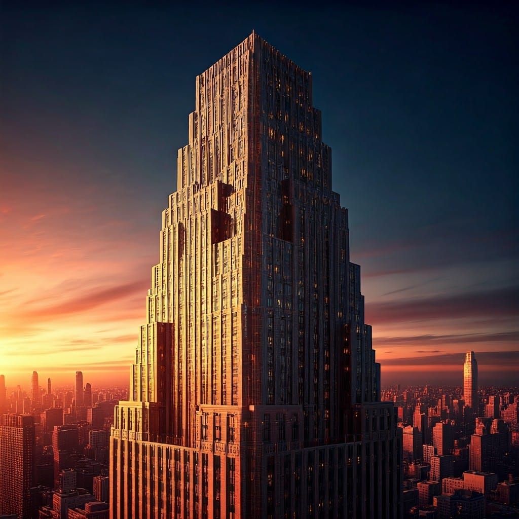 Art Deco Skyscraper in Metropolis Sunset