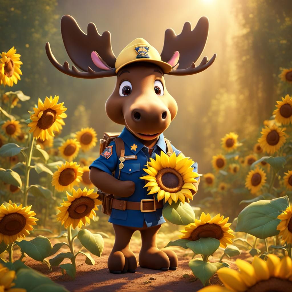 Moose Cub Scout with Sunflower, Pixar Style