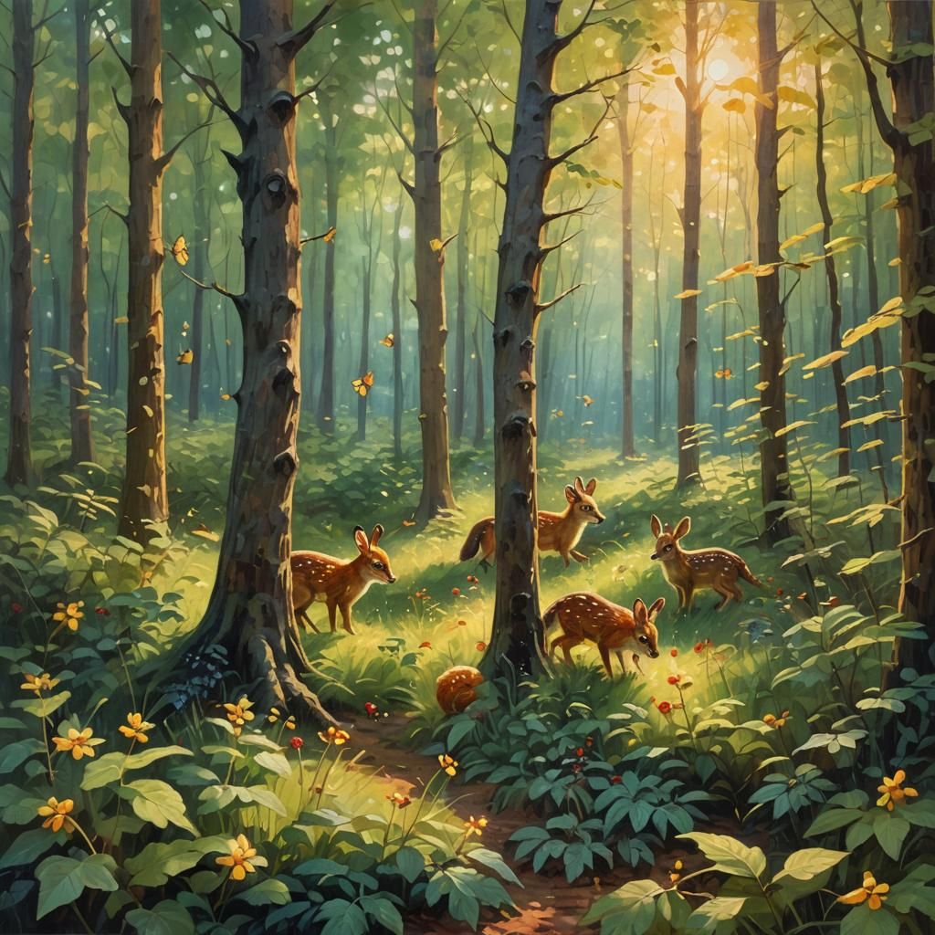 Woodland Creatures Gathering: An Impressionist Oil Painting