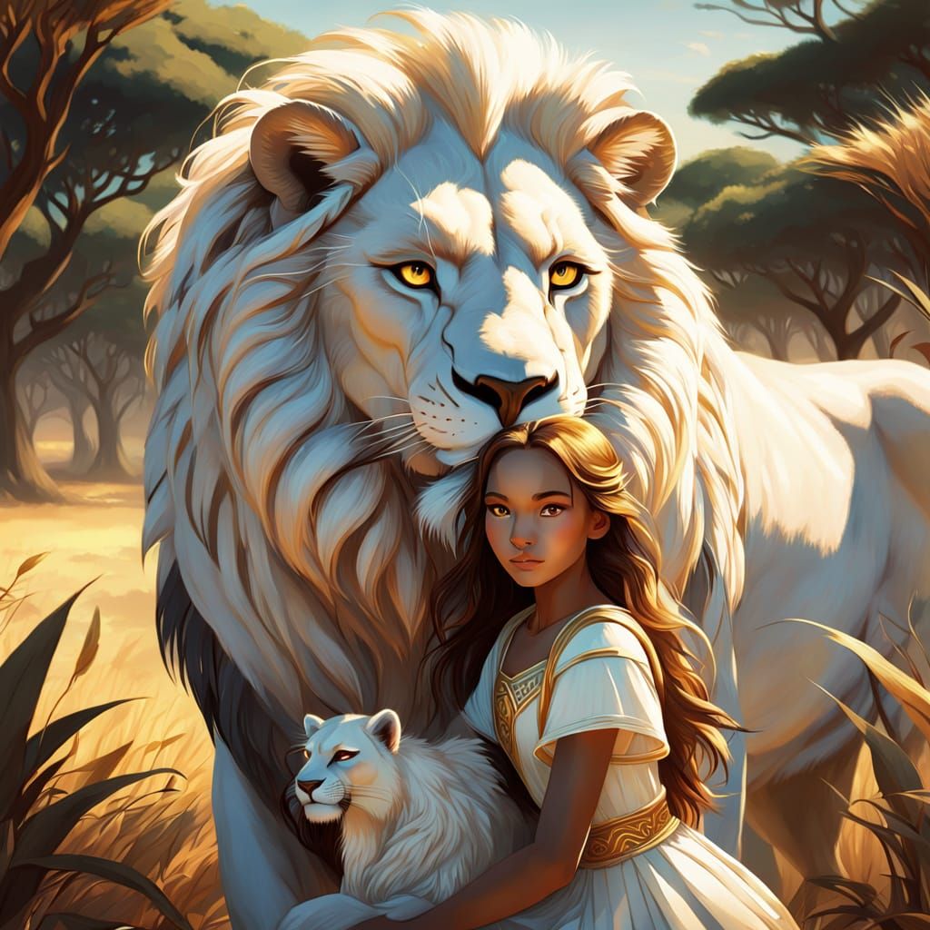 Young Girl Hugs White Lion in Golden Savanna