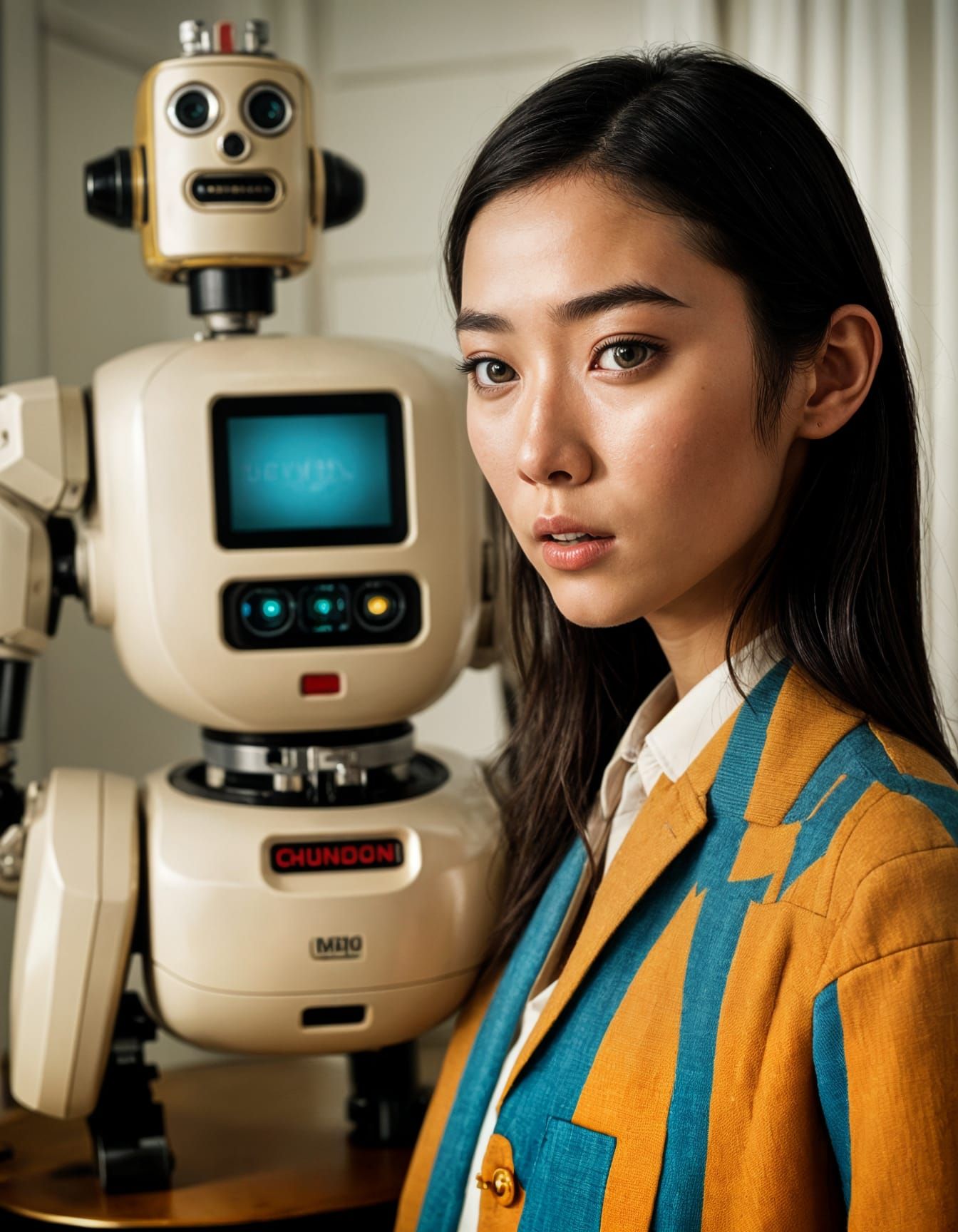 Asian Model with Robot Body in Wes Anderson Room