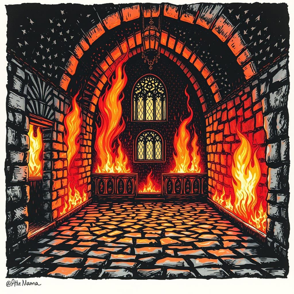 Gothic Castle Inferno in Ink Tactile Painting