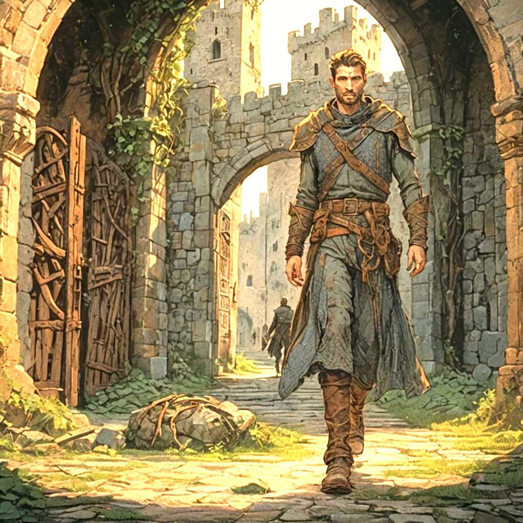 Man Walks Through Medieval Town Gates
