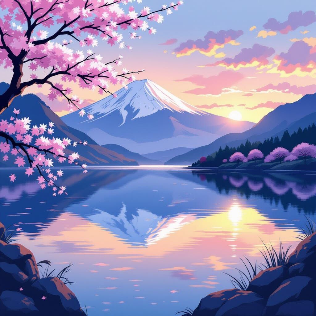 Lake Surrounded by Mountains and Sakura Trees