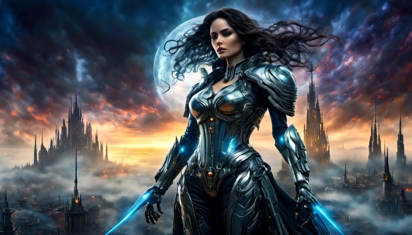 Cyborg Woman on Misty Shore in Cyberpunk Style