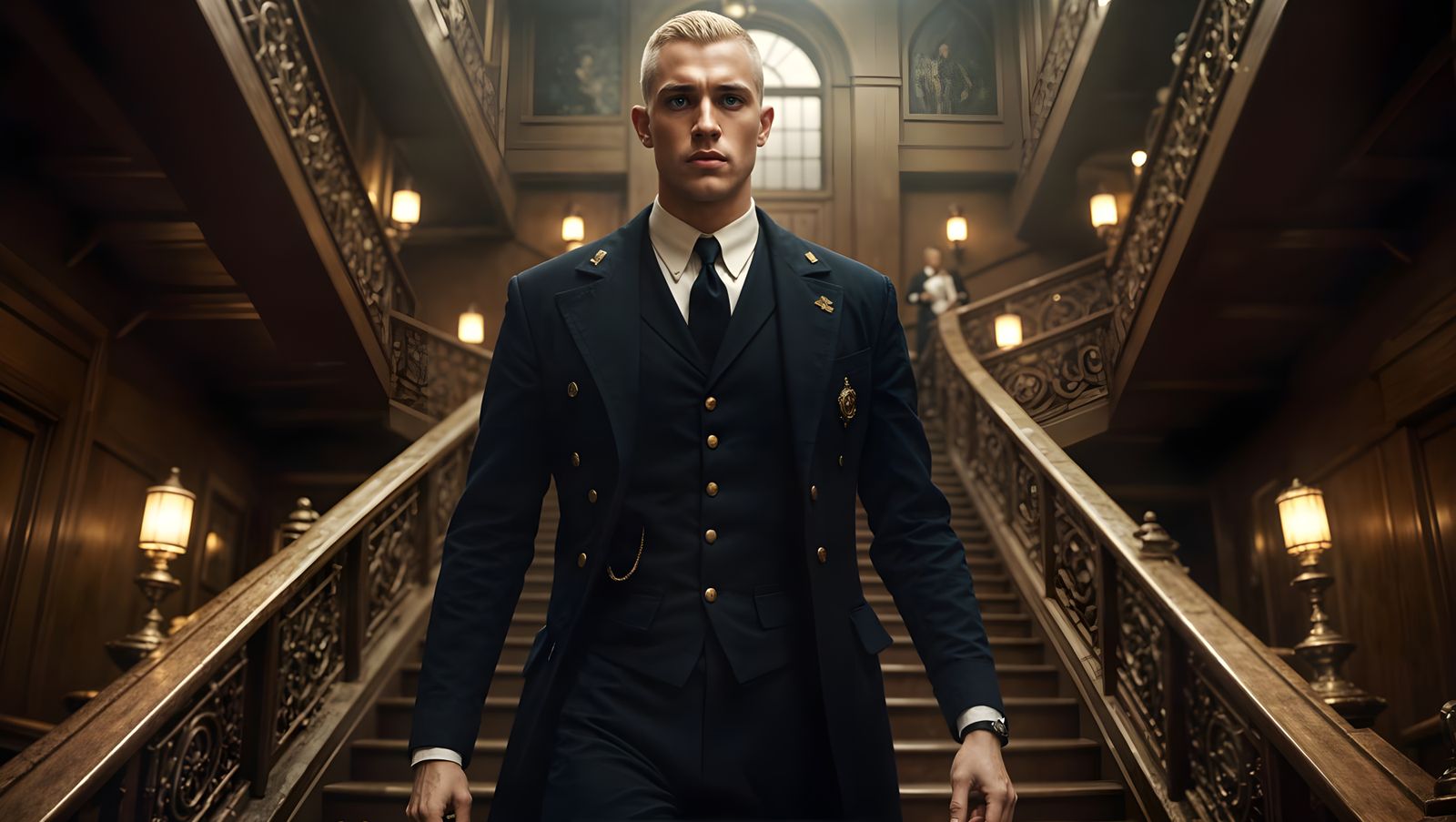Dieselpunk Sailor Strides Down Elegant Staircase with His Lo...