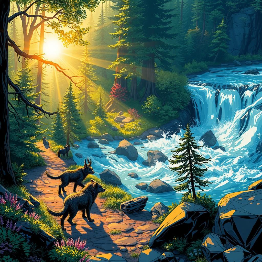 Vibrant Forest Landscape in Comic Book Art Style