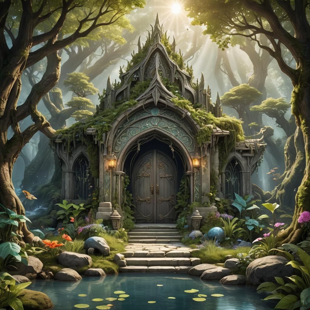 Elvish Temple Entrance in Fantasy Landscape
