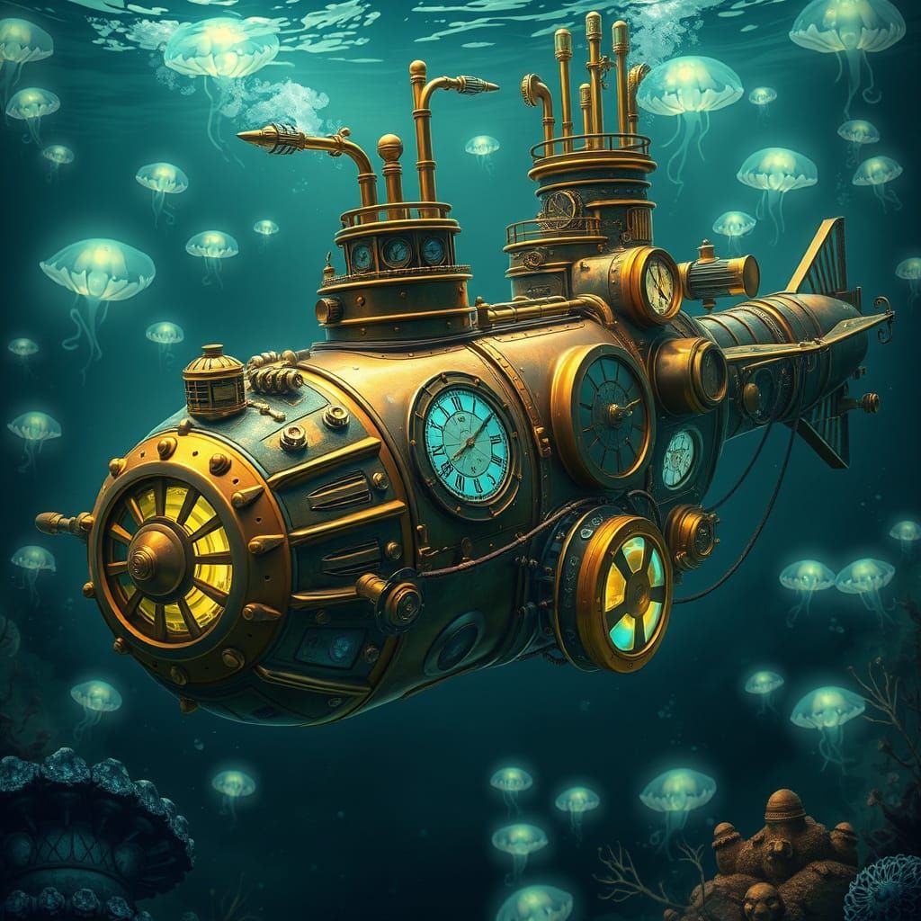 Steampunk Submarine in Bioluminescent Underwater World