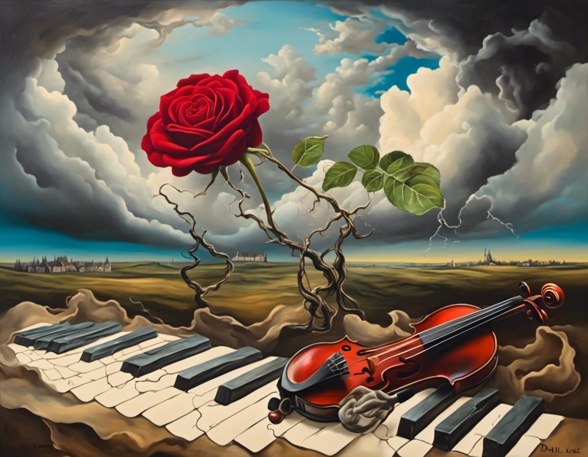 Surreal Cracked Landscape with Rose and Instruments