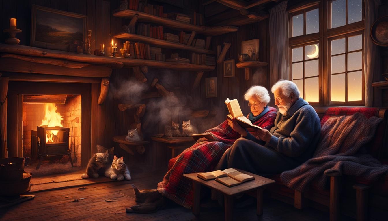 Elderly Couple Reading by Fireplace Under Starry Sky