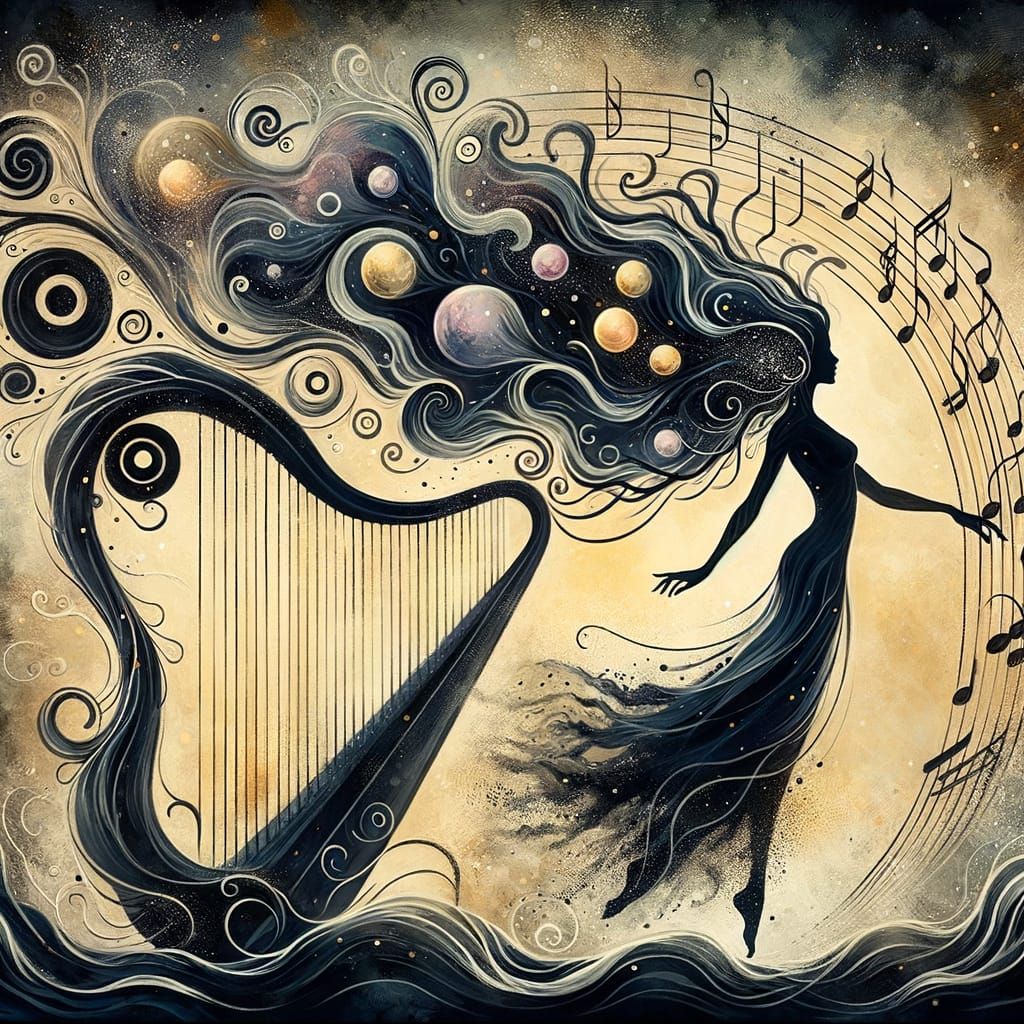 Slender South Asian Siren Plays Golden Harp in Ethereal Drea...