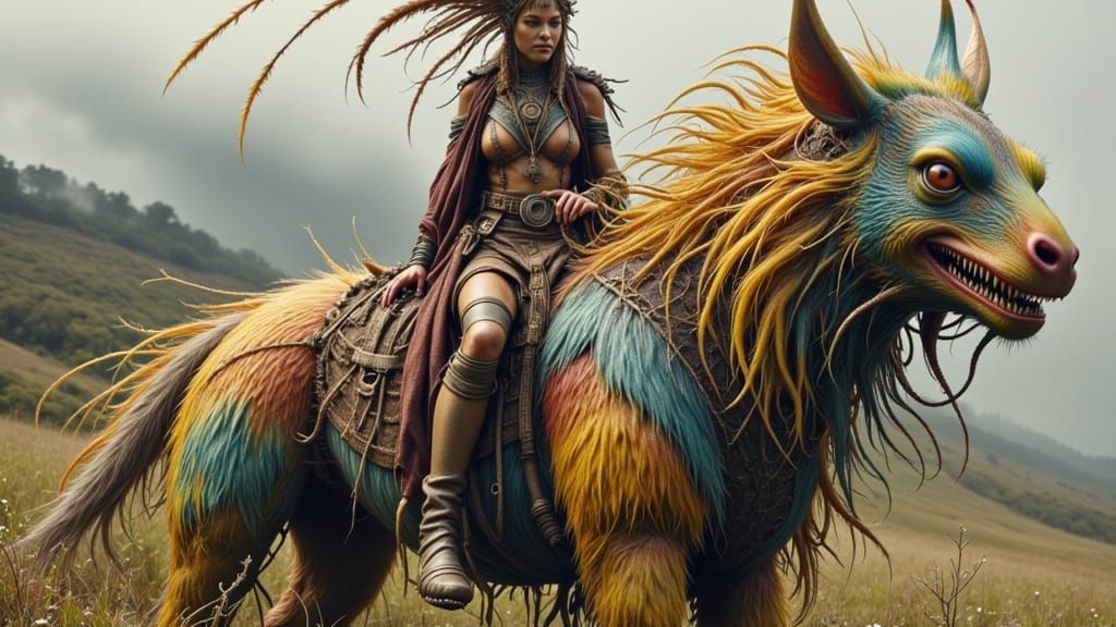 Tribal Woman Rides Elasmotherium in Fantasy Art Style