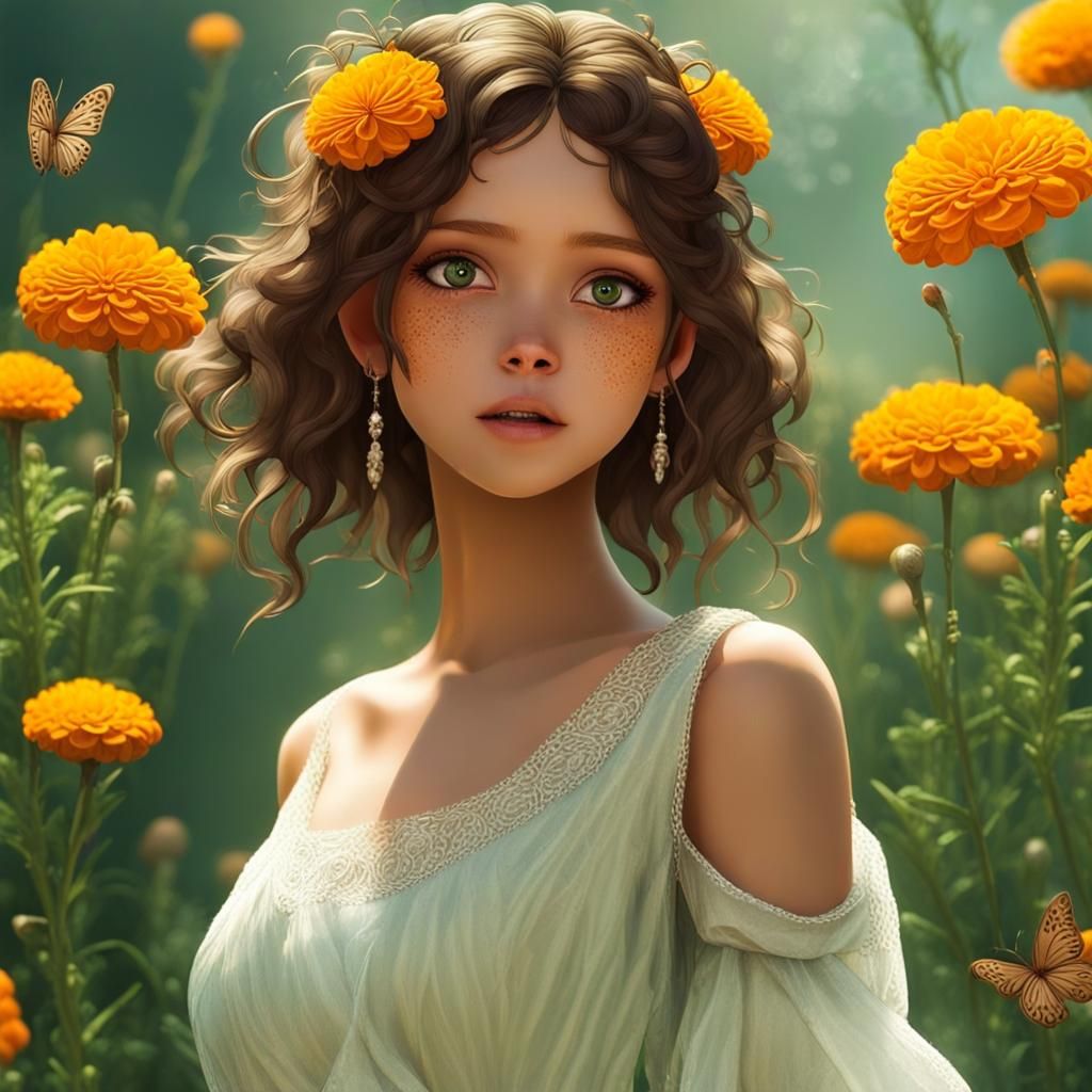 Fairy in Marigold Field with Butterflies