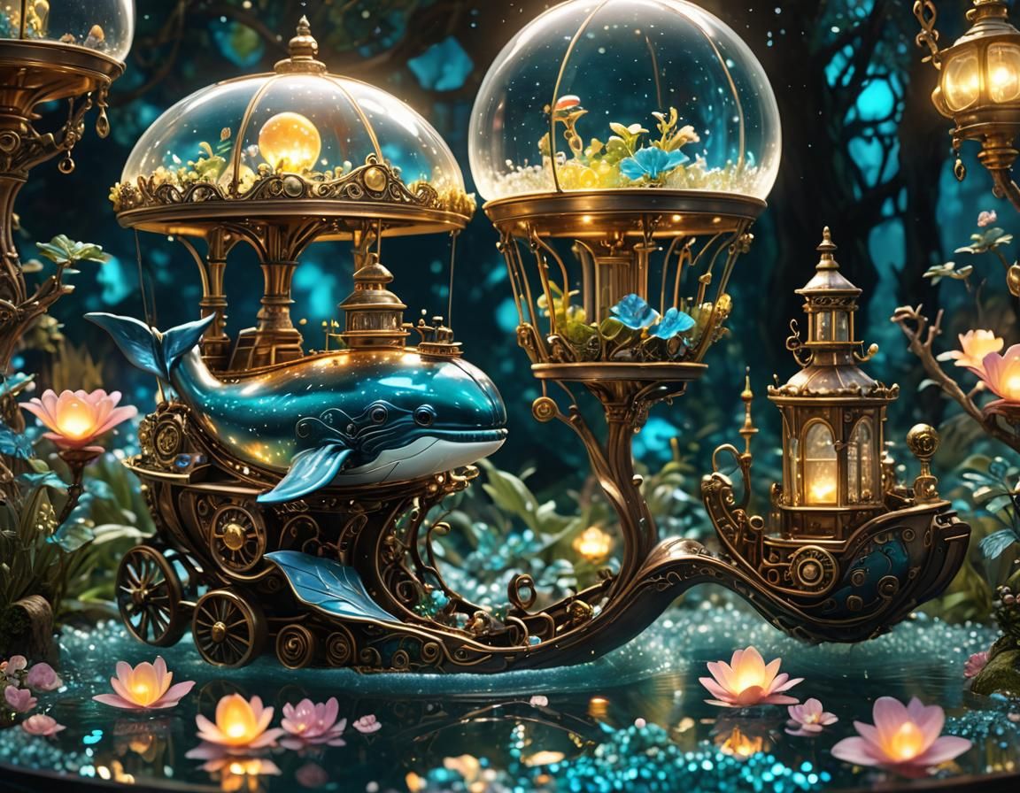 Glowing Steampunk Whale Carriage in Snow Globe