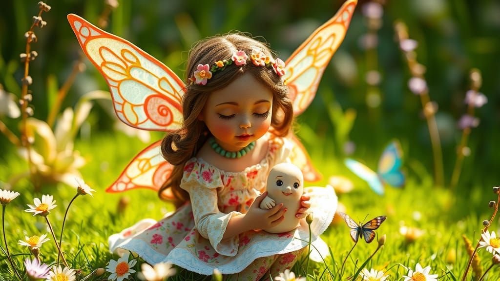 Whimsical Fairy Playing With Clay in Sunny Meadow